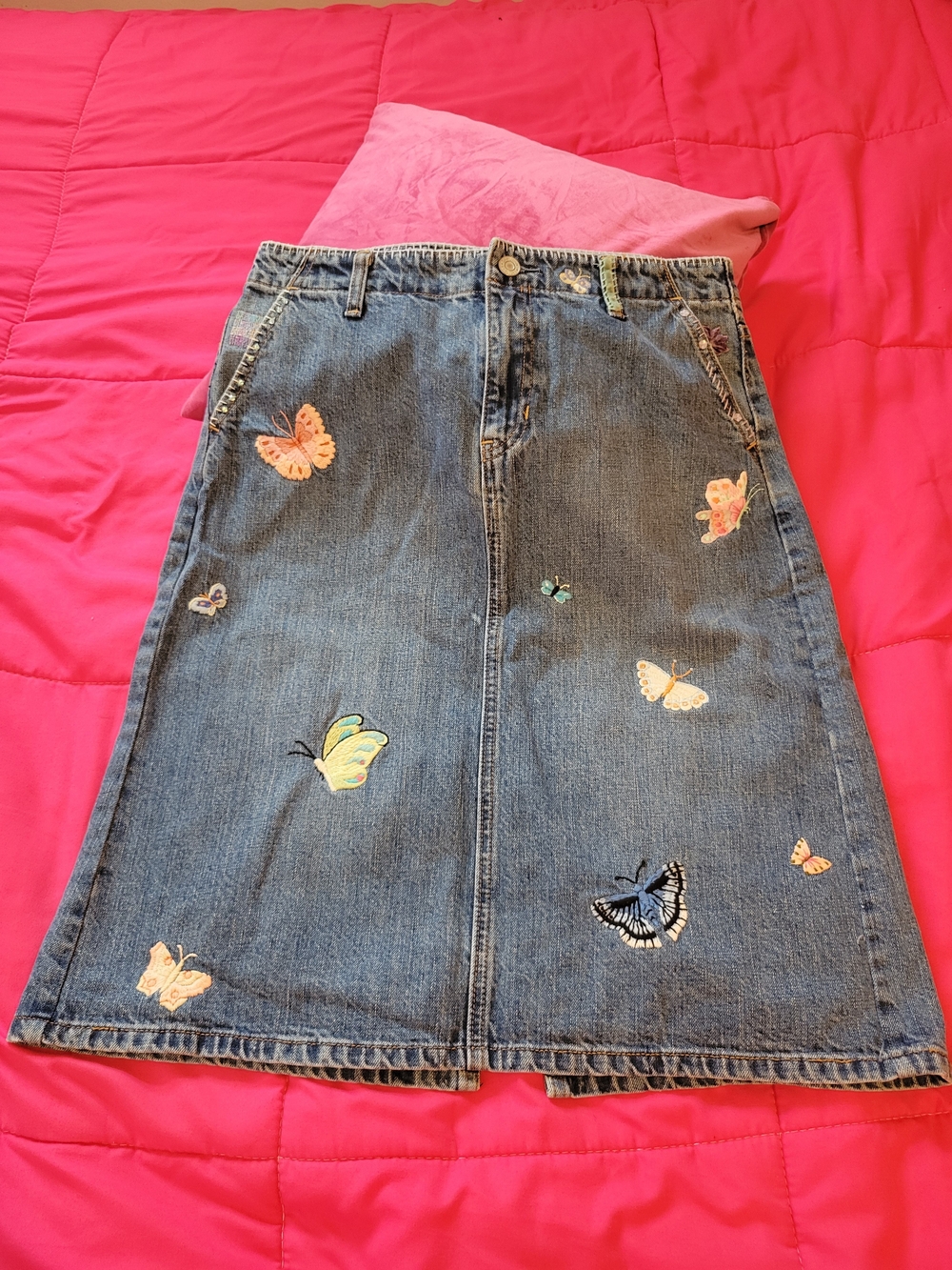 GAP Denim A-Line Skirt with Multicolor Butterfly Embroidery - Blue